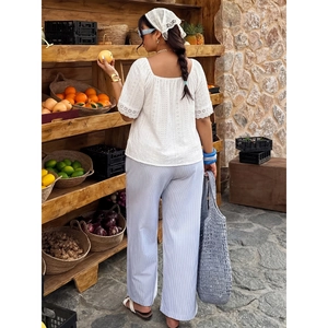 Summer square neck white eyelet lace top and striped wide leg pants for women