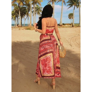 Bohemian V-neck maxi dress with ethnic print and high slit for beach vacation