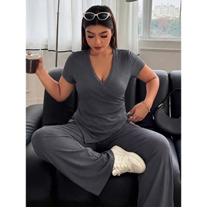 Women Plus Size Grey V Neck Ribbed Knit Top And Wide Leg Pants Soft Casual Loungewear Outfit For Daily Wear Elegant Style