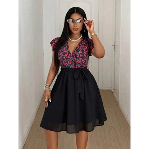 Floral V-neck patchwork dress with high waist chiffon skirt and elegant waist belt