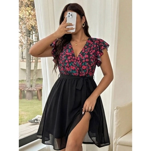 Women Plus Size Floral Patchwork Dress V Neck Flutter Sleeve Tie Waist Chiffon Irregular Hem Sexy Slim Midi Dress