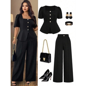 Detail of square neck peplum top with gold buttons and matching wide leg pants set
