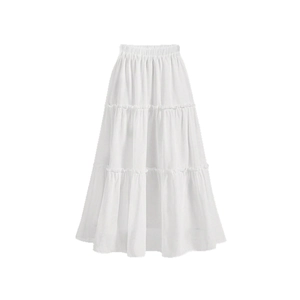 Elegant white multi-layered tiered maxi skirt with comfortable elastic waist design