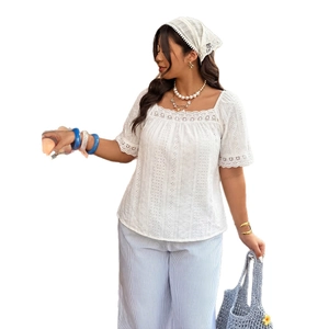 White square neck lace blouse with eyelet embroidery and short puff sleeves for women