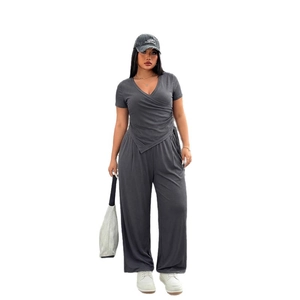 Women gray V-neck wrap top with irregular hem and high waist wide leg pants set