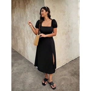 Plus size black square neck midi dress with puff sleeves and side slit detail