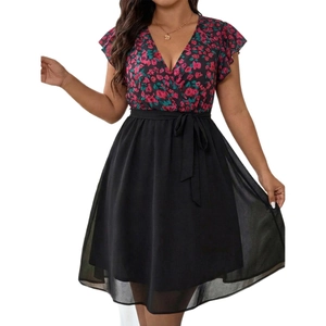 Floral V-neck plus size dress with ruffle sleeves and black layered chiffon skirt
