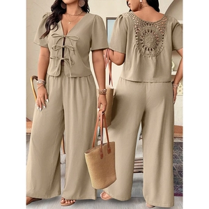 Detail of V-neck khaki two-piece set featuring back hollow crochet floral embroidery