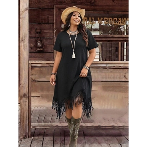 Bohemian black plus size waffle dress with short sleeves and irregular tassel hem