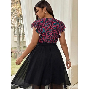 Floral print v-neck dress with ruffle sleeves and asymmetrical black chiffon hem