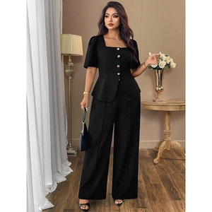 Women Plus Size Solid Color Square Neck Puff Sleeve Peplum Top And High Waist Wide Leg Pants Office Commute Suit