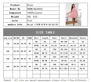 Detailed size chart for pink plus size V-neck dress from 1XL to 4XL with measurements