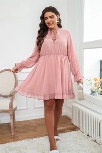 Detail of light pink Swiss dot plus size dress with ruffle neckline and tie strings