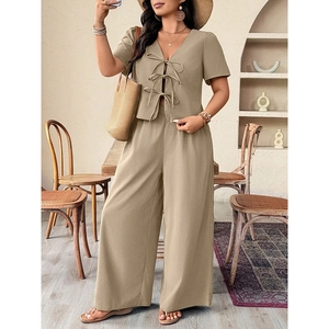 Women's khaki V-neck two-piece set featuring bow tie top and loose wide-leg pants