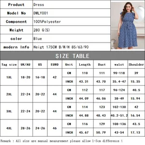 Detailed size chart for women's plus size floral dress showing CM and INCH measurements
