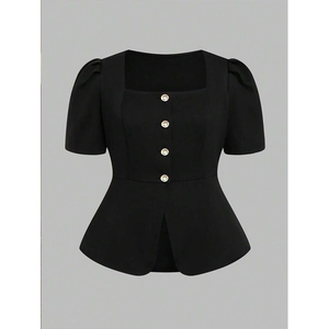 Detail of black square neck top featuring puff sleeves and golden decorative buttons