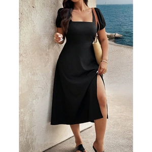 Black square neck puff sleeve dress with side split, summer casual midi outfit