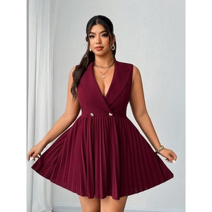 Abito Mini da Donna Taglie Forti Borgogna Senza Maniche Colletto Blazer Plissettato Bottoni Dorati Doppio Petto Formale Festa Sera Ufficio