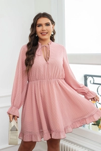 Detail of pink V-neck dress featuring ruffled sleeves and textured swiss dot fabric