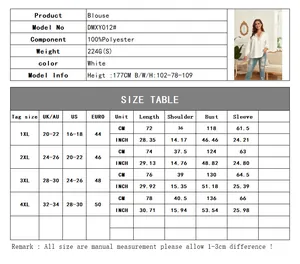Size chart for V-neck white lace blouse with measurements in centimeters and inches
