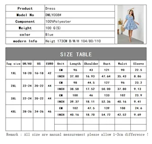 Size chart for blue printed dress with measurements from 1XL to 4XL in cm and inches