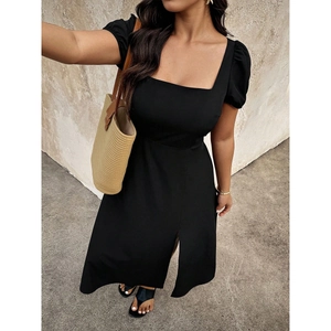 Plus size black square neck dress with puff sleeves, a bow back, and side slit detail