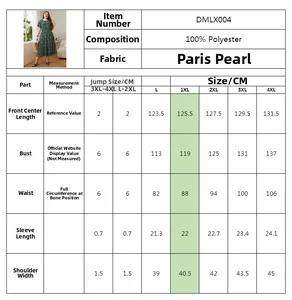 Detailed size chart for plus size floral dress showing L to 4XL measurements in centimeters