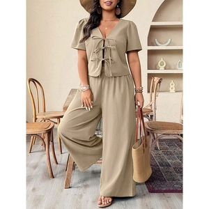 Women's khaki V-neck two-piece set with bow ties, short sleeves and wide-leg trousers