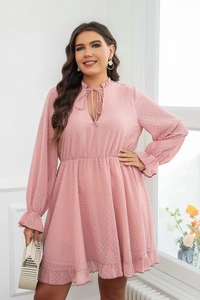 Detail of pink plus size dress featuring Swiss dots, V-neckline, and ruffle sleeves