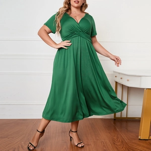 Women Plus Size V Neck Short Sleeve Midi Dress High Waist Pleated Elegant Solid Color Loose A-Line Summer Tunic Dress