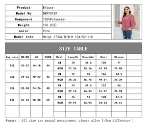 Size chart for women plus size off-shoulder chiffon blouse with detailed measurements