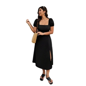 Elegant black square neck midi dress with puff sleeves and side slit for women