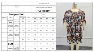 Tabella taglie dettagliata per abito floreale taglie forti con misure da 1XL a 4XL e tessuti