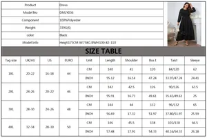 Detailed size guide for black lace dress including measurements in CM and inches