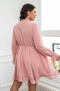 Detailed back view of pink Swiss dot mini dress with ruffle trim and elastic waist