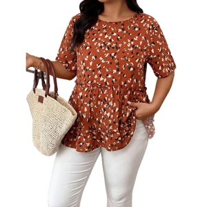 Women's orange floral chiffon blouse with short sleeves and tiered ruffle hemline