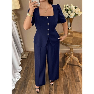 Elegant navy blue two-piece set with square neck button-up top and wide-leg trousers