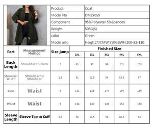 Detailed size chart for plus size dark green blazer coat with fabric specifications