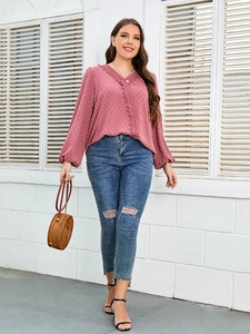 Rose pink Swiss dot blouse featuring lace V-neckline and long lantern sleeves