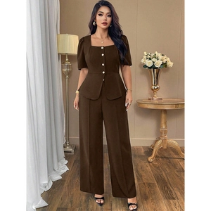Women's dark brown two-piece set featuring a square neck peplum top and wide-leg trousers