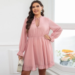 Plus Size Women Pink Swiss Dot Chiffon Dress V-Neck Ruffle Long Sleeve Elegant Tie Waist Summer Mini Dress