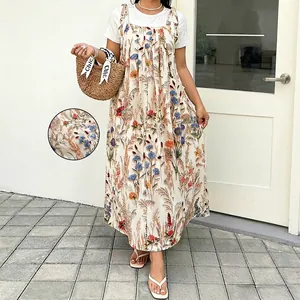 Women Plus Size Floral Print Pinafore Maxi Dress And Short Sleeve White T-Shirt Casual Summer Resort Style Dress