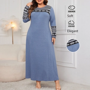Women Plus Size Maxi Dress Long Sleeve Round Neck Nordic Snowflake Geometric Printed Elegant Splicing Casual Long Dress