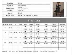Detailed size chart for black V-neck polka dot long dress with S to XL measurements
