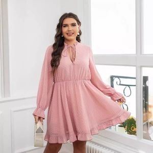 Pink long sleeve Swiss dot mini dress with ruffle trim and elastic high waist design
