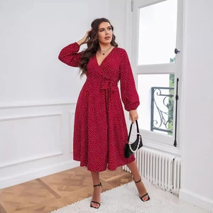 Robe Midi à Pois Grandes Tailles pour Femmes Rétro Français Col en V Portefeuille Taille Nouée Manches Longues Lanterne Rouge