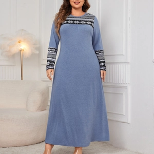Women plus size long dress in grey blue with ethnic geometric patterns and round neck