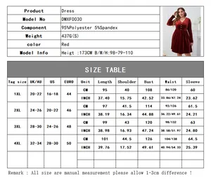 Detailed size guide for dark red V-neck long sleeve plus size dress with measurements