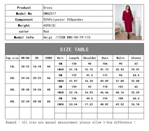 Detailed size chart for red V-neck long sleeve maxi dress with measurements from 1XL to 4XL