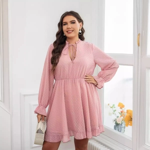 Pink V-neck Swiss dot dress with ruffled hem and long bell sleeves for women